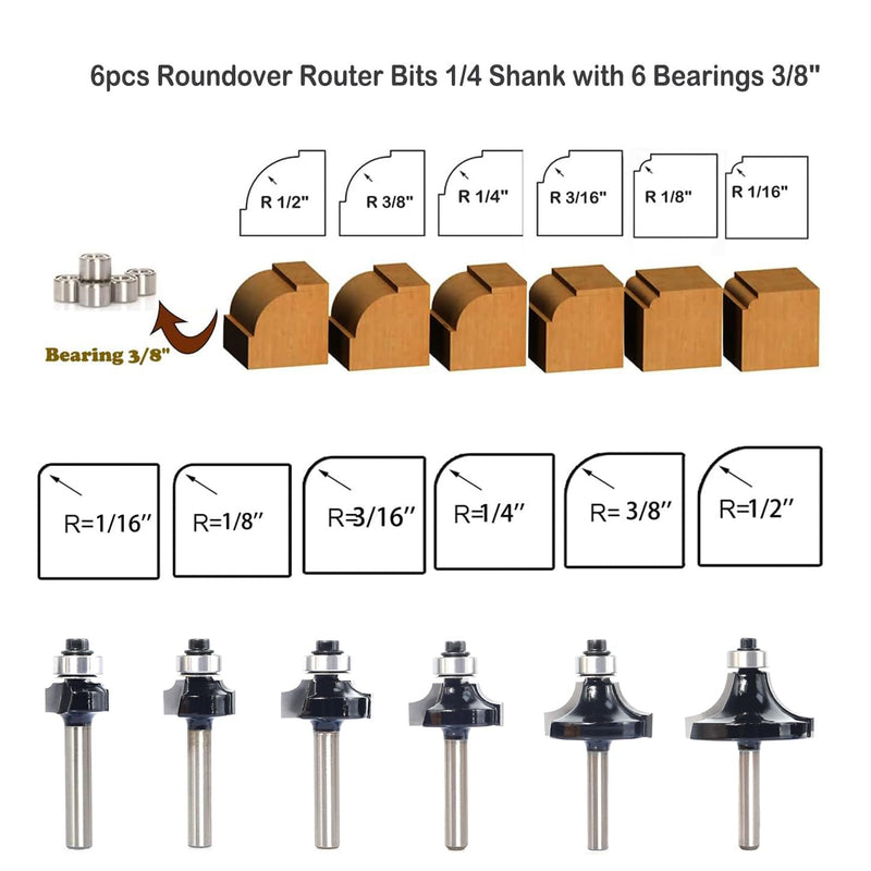 [Australia - AusPower] - 6pcs Roundover Router Bit Set - Round Over Router Bits 1/4 Shank with 6 Bearings 3/8", Carbide Corner Rounding Edge-Forming Bit, for Round Over Beading, for Rounding Trim 6pcs roundover bit 