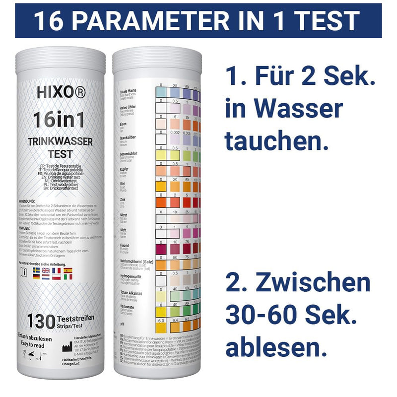 [Australia - AusPower] - 130 x 16-in-1 drinking water test strips in tube, water analysis for 16 parameters, ideal water test strips for drinking water, pool, spa and aquarium, tests water hardness, lead, copper, iron and 