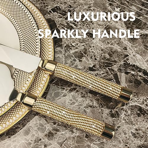 ROXBURGH Wedding Cake Knife and Server Set, Gold Rhinestone Handles