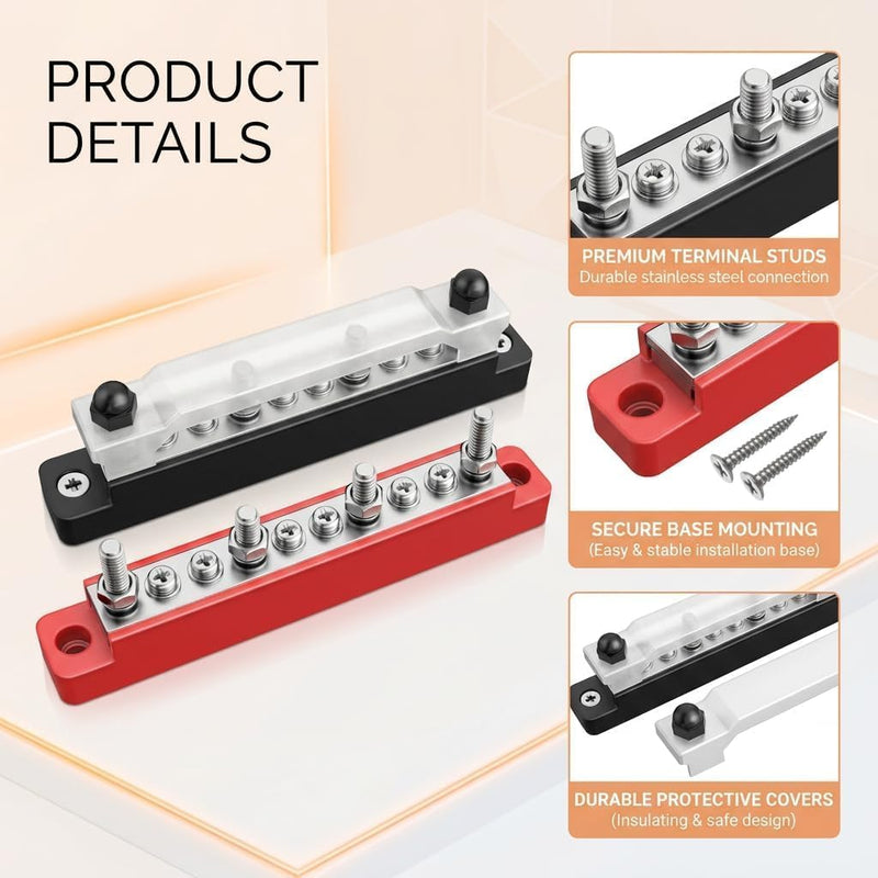 Pack of 2 150A Busbar Distribution Block 12V-48V with Cover High Current Busbar Power Distributor for Car Boat Motorhome Solar Battery Terminal Strip Mass Distributor (M4 Screws & M6 Bolts) | Hochstrom Busbar Stromverteiler für Auto Boot Wohnmobil Sola...