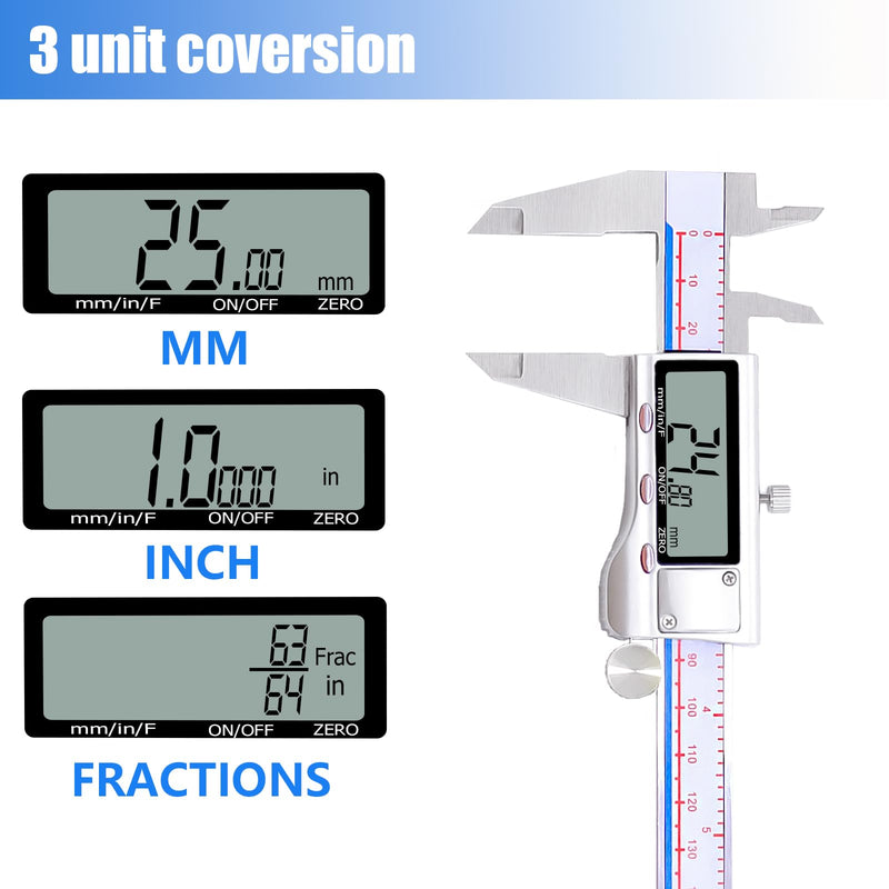 [Australia - AusPower] - Digital Caliper, Vernier Caliper Measuring Tool with Stainless Steel, Electronic Micrometer Caliper with Large LCD Screen, Auto-Off Feature, Easy Switch from Inch Metric Fraction, (6 Inch//150 mm) blue Digital Caliper 