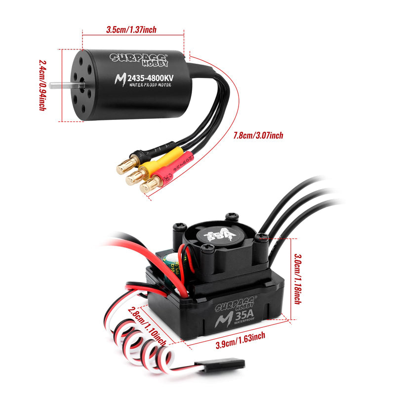 2435 Brushless Motor with 35A Waterproof ESC Combo Sensorless Motor and Electric Speed Controller for 1/14 1/16 1/18 RC Car Trucks (Black) (4800KV)