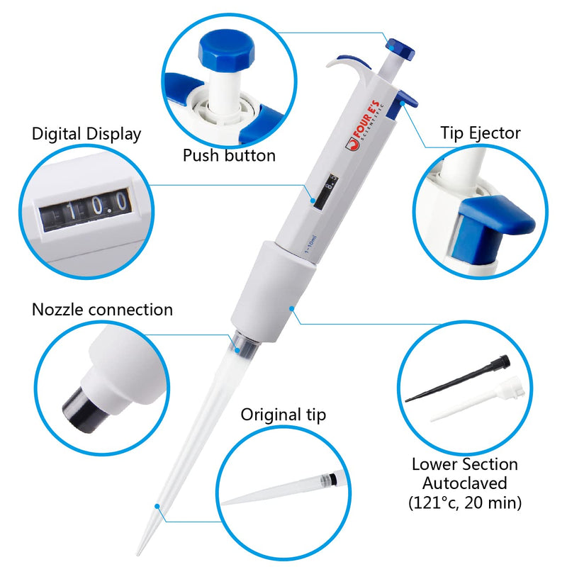 [Australia - AusPower] - FOUR E'S SCIENTIFIC 1-10ML Single-Channel Pipettor Adjustable Variable Volume Micropipette High Accurate Pipettor for Laboratory 10 (1-10mL) 