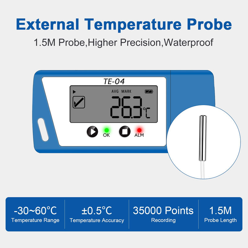 [Australia - AusPower] - ThermElc TE-04 ET Temperature Logger with External Probe, Large Display, Recording Pause Function, Automatic PDF and CSV Report, 35,000 Points, Data Logger for Cold Chain Shipping (1PCS) 1PCS 