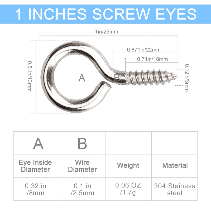 [Australia - AusPower] - 50PCS 1 inches 304 Stainless Steel Eye Screws, Heavy Duty Screw, Eye Hooks Screw Eye Bolts Eye Hooks Screw, Indoor & Outdoor 50pcs-1inch 