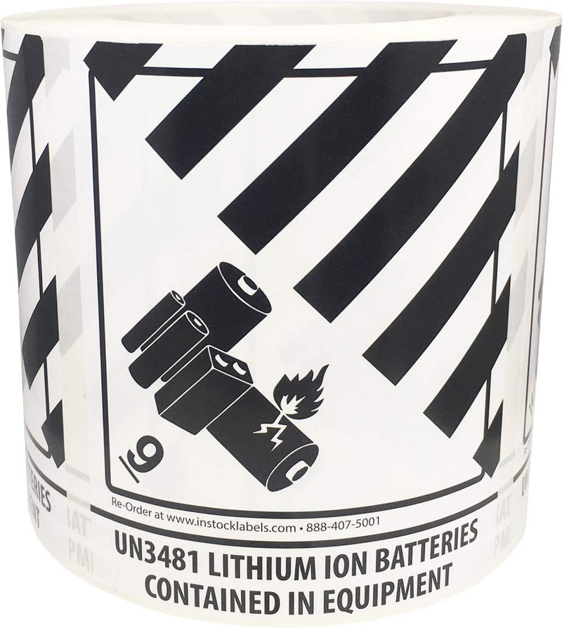 Hazard Class 9 D.O.T. UN3481 Lithium Ion Batteries Contained in Equipment Labels, 4 x 4 3/4 Inch Square Black and White Hazmat Stickers, 500 Adhesive Labels – Made in the USA