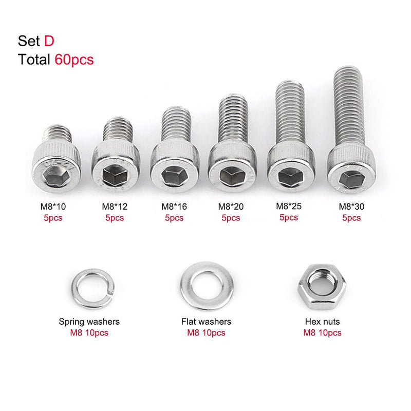 [Australia - AusPower] - 60Pcs M8 Stainless Steel Hex Socket Head Bolts Screws Nuts Washers Assortment Kit Hex Socket Screws Used in The Home and Office Appliance 