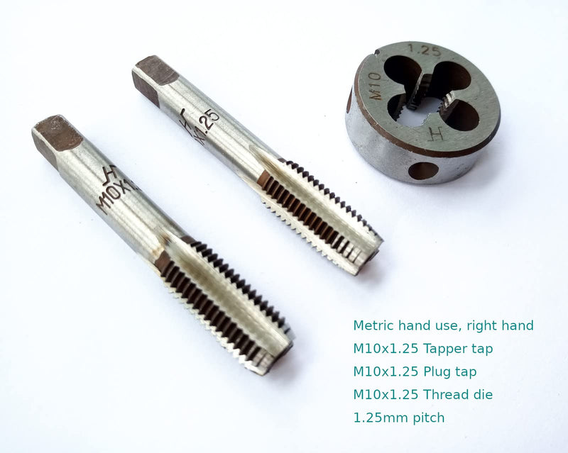 [Australia - AusPower] - M10x1.25 Metric Hand Thread Tap and Die, 1 Tapper Tap, 1 Plug Tap, 1 Round Die, Right Hand, 1.25mm Pitch (M10x1.25, Tap&Die) M10x1.25 