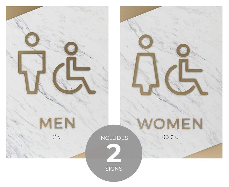 Light Marble Men And Women Restroom Sign Set/ADA Wheelchair Accessible With Braille Bathroom Signs / 6" x 9" White Marble Gold Accent Acrylic Signs Light Marble Design Wheelchair Restroom Sign Set