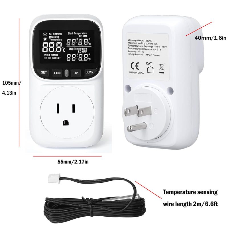[Australia - AusPower] - Digital Thermostat Socket, Only Fahrenheit Countdown Temperature Controller 110~120V VA Display Heating Cooling Mode Timer with Sensor for Reptile Greenhouse Home Fermentation Home, -40℉~210℉ 