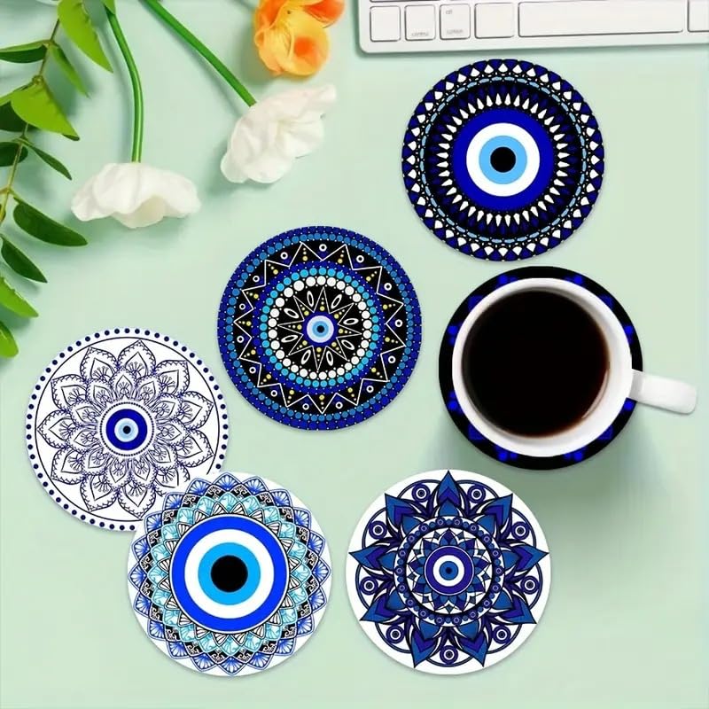 6Pcs Evil Eye Coasters, Butterfly Mandala Flower Coaster Coffee Cup Mat for Kitchen Table Bar Cup Home Dining Decor, 4" Diameter
