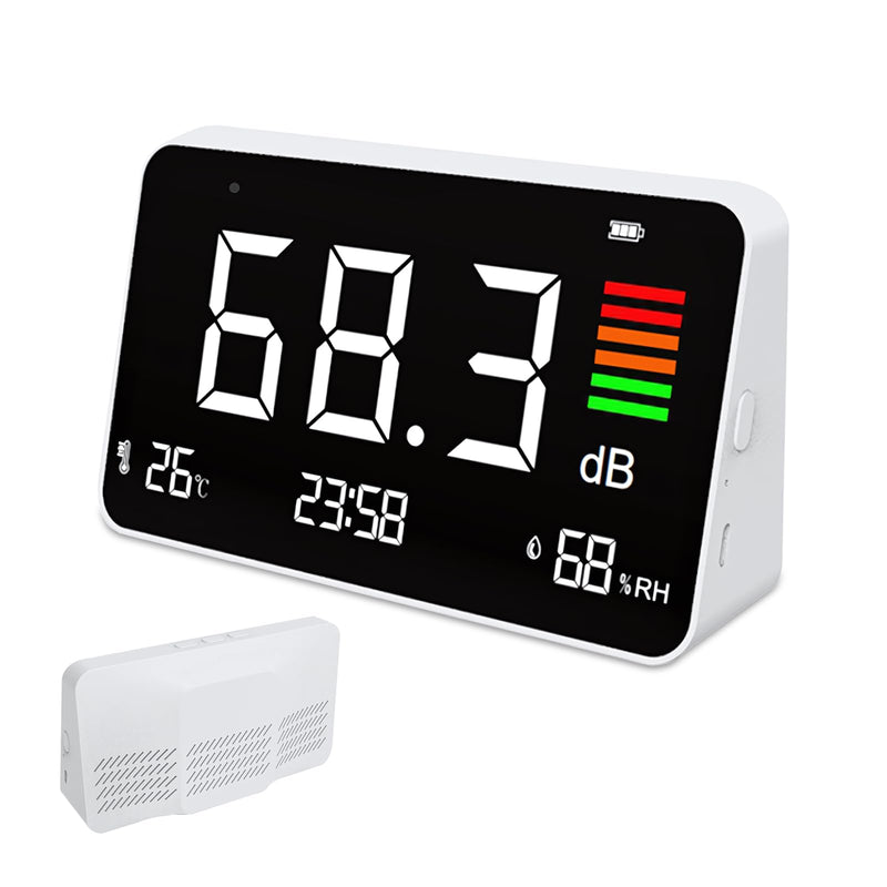 [Australia - AusPower] - 5-in-1 Decibel Meter,Digital Sound Level Meter 30-130db with LCD Display,8.5inch Noise Time Temperature Humidity Meter for Classroom, Studio, Home, Factory 