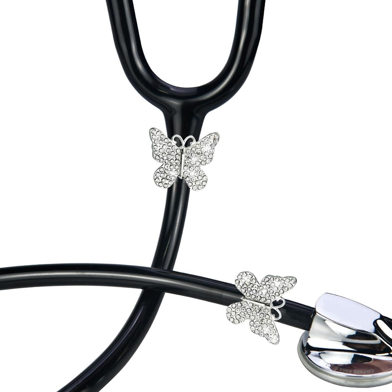 [Australia - AusPower] - 2 Pack Bling Butterfly Stethoscope Charms for Doctor Nurse, Stethoscope Id Name Tag with Bling Silvery Rhinestones 