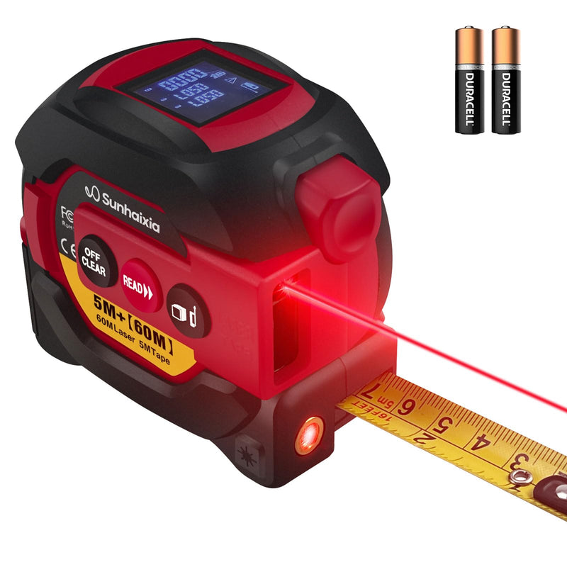 Laser Tape Measure 3 in 1 with Laser Level Crosshairs |196ft/60m Laser Distance+16ft/5m AutoLock Tape |Backlit LCD Display (Ft/Inch/M/mm) |for DIY,Construction, Interior Design (Red) Red