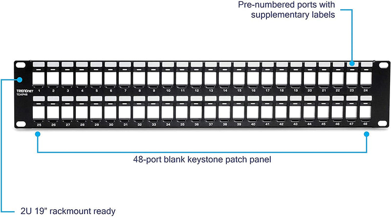 [Australia - AusPower] - TRENDnet 48-Port Blank Keystone 2U HD Patch Panel, TC-KP48, 2U 19” Metal Rackmount Housing, HD Keystone Network Patch Panel, Recommended w/TC-K25C6 & TC-K50C6 Cat6 Keystone Jacks (Sold Separately) 