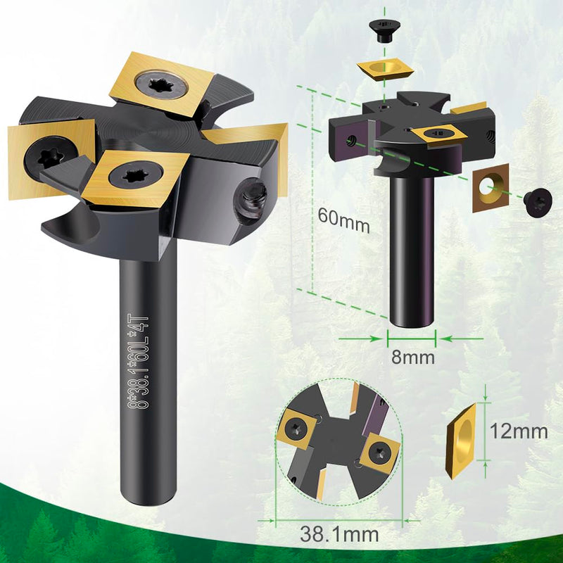 [Australia - AusPower] - BALUGAEA 8mm Shank Face Router Bit - 38.1mm Cutting Diameter - Fitted with 4 Interchangeable TiN Coated Carbide Blades 12x12mm 4Z S=8mm D=38,1mm L=60mm black 