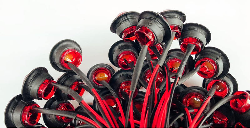 50pcs 3/4 side marker lights Red Clearance Lamp Small Round Amber LED Side Marker Indicator Turn Signal Light Truck Trailer Bus Marine RV Automobiles Flatbed with heat shrink butt connectors 50pcs