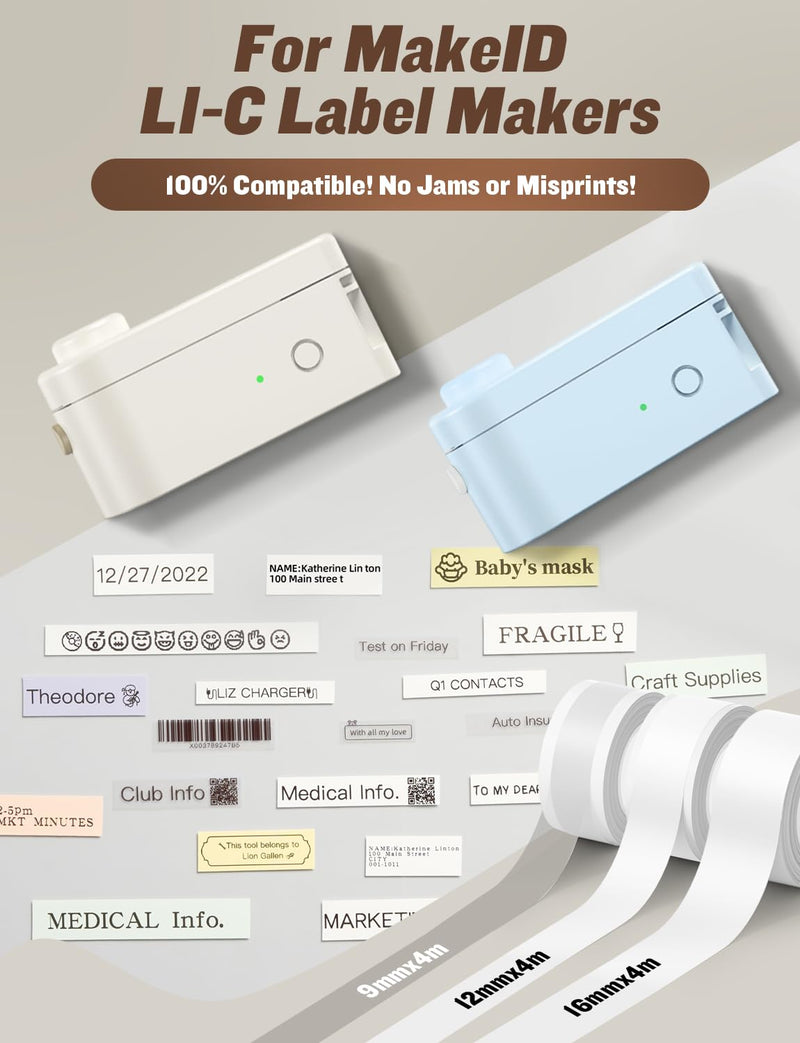 Makeid L1-C Label Maker Tape Refills, 16mm x 4m (0.63" x 13'), Continuous Thermal Laminated Label Tape, Waterproof, Self-Adhesive, Compatible Label Printers Transparent