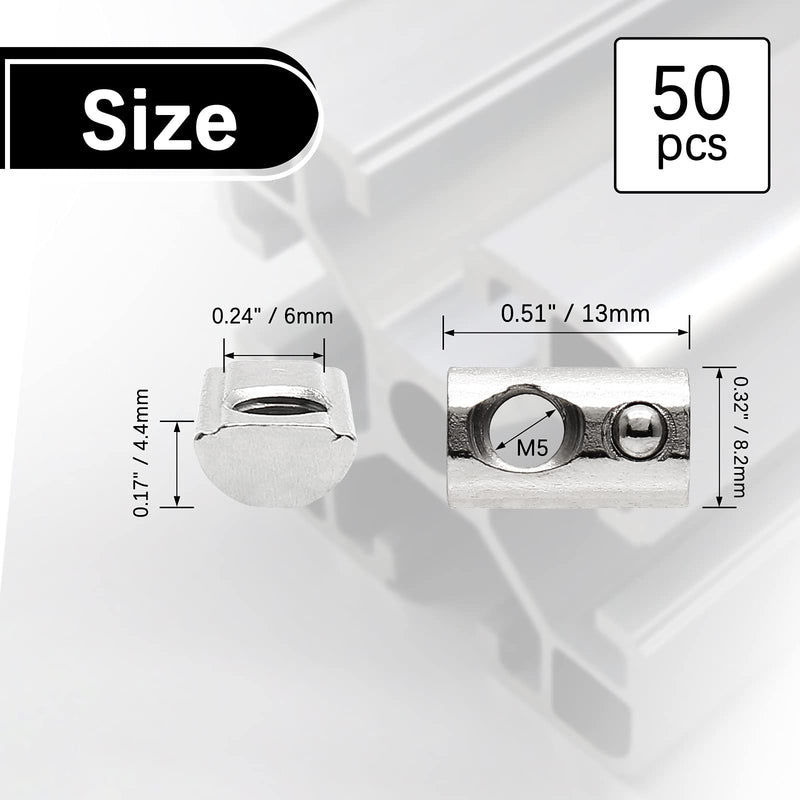 [Australia - AusPower] - 50 Pcs 2020 Series M5 Half Round Roll in Spring T Nuts, Roll in Spring Loaded T Nut for European Standard 20 Series 6mm T-Slot Aluminum Extrusion Profile 20S-M5 50Pcs 