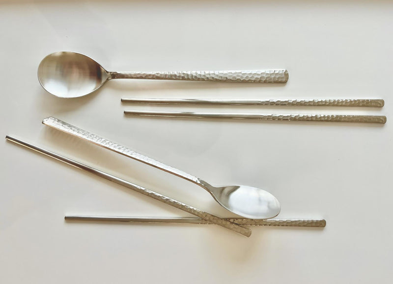 Korean Made Silver Glossy Hammered Stainless Steel Korean Spoon & Chopstick SET Gift for Mom Stocking Stuffer(4SET) 4SET