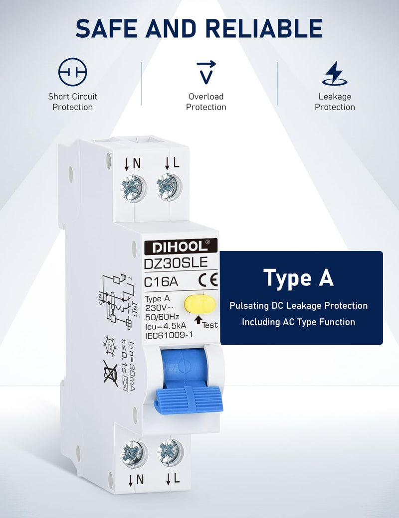 [Australia - AusPower] - DIHOOL FI/LS Circuit Breaker 16 A 30 mA 0.03 2-Pin RCBO C16A Residual Current Circuit Breaker with 18 mm Width Bi-Directional Connection FI LS Switch Type-A, C16A 