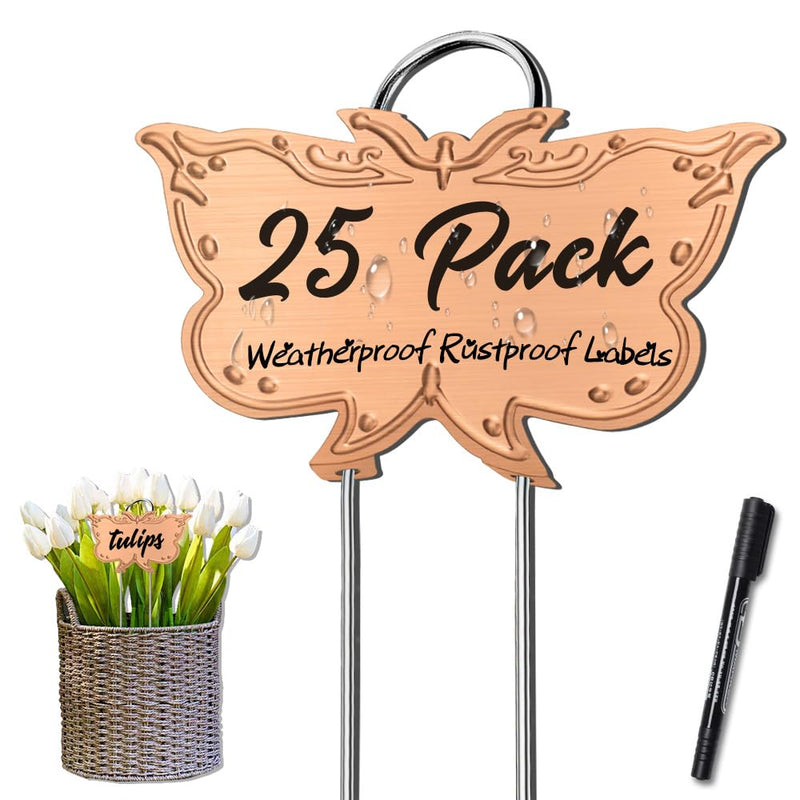 Metal Plant Labels, Tall Outdoor Butterfly Garden Markers for Flowers, Fruits and Vegetables, 304 Stainless Steel Weatherproof Signs (25 Packs, 4" x 2.3", Gold Butterfly Design) 25 PACK SUS 304 Garden Labels