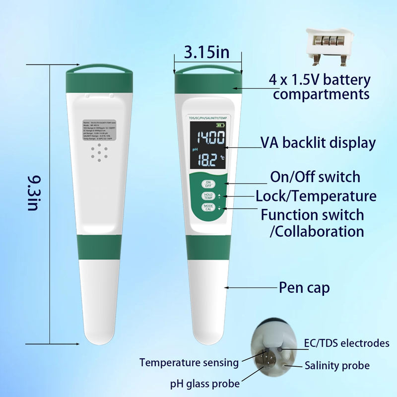 [Australia - AusPower] - 5-in-1 Water Quality Tester - TDS/PH/Temp/Salt/EC Meter - High-Precision Chip & Algorithm for Fast & Accurate Measurements - Ideal for Drinking, Tap, Well, Pool, Aquarium, Hydroponics 