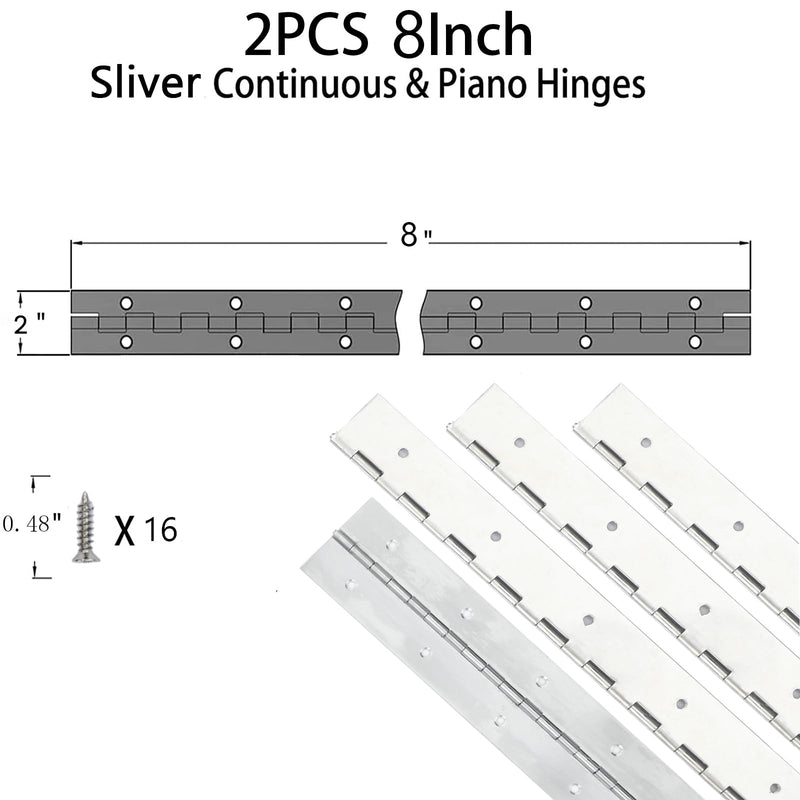 [Australia - AusPower] - 2PCS Silver 8-Inch Heavy Duty Stainless Steel Piano Hinge,2" Open Width Continuous Piano Hinges for Wood Furniture Tool,Piano Cabinets, includes Pre-Drilled Holes and Screws. 8"-2PACK 