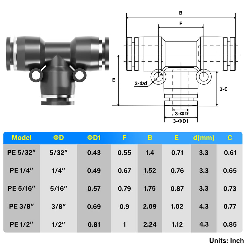 [Australia - AusPower] - TAILONZ PNEUMATIC Black 1/4 inch OD Tee Plastic Push to Connect Fittings 3 Ways Tube Connect Push Fit Push Lock PE-1/4(Pack of 10) 1/4"OD 