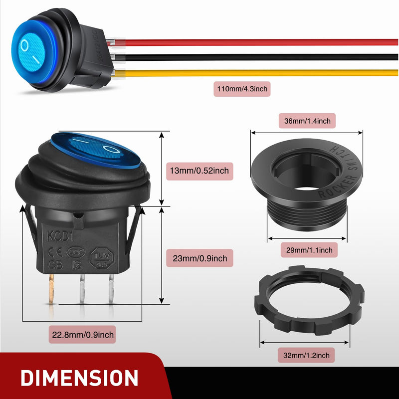 [Australia - AusPower] - Nilight 5PCS Waterproof Round Rocker Switch w/Wiring Harness Switches Holder 12V 24V Blue LED Lighted On Off Toggle Shell SPST 3Pin for Switch Panel Car RV Trucks Marine Boats Waterproof Switch + Switch Holder Automotive Switch 