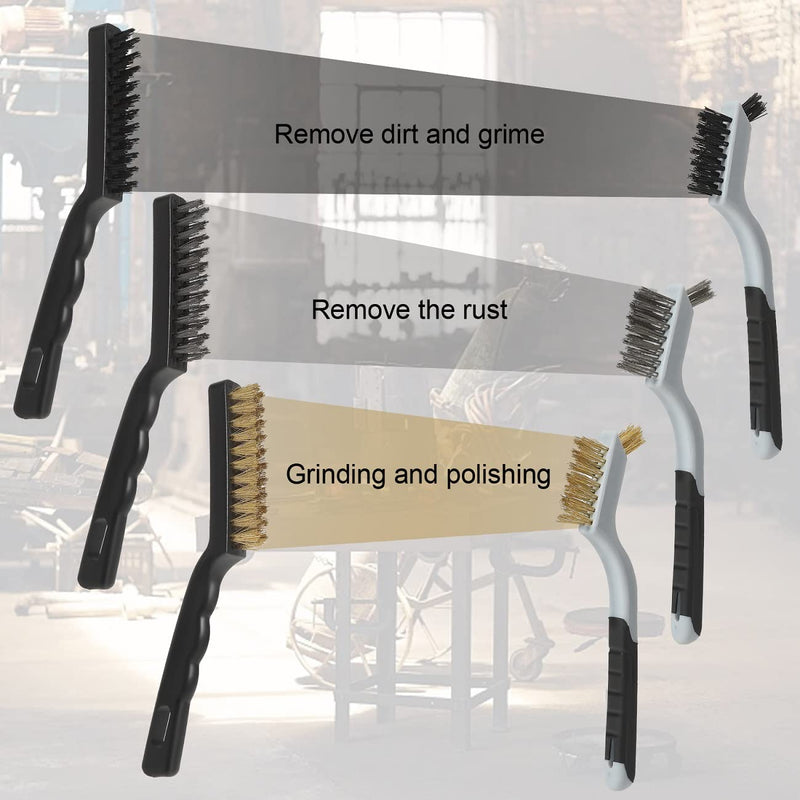 Wire Brushes Cleaning Set 6Pc, 9" and 7", Wire Brushes for Cleaning Welding Slag, Rust and Dust. includes Brass, Nylon, Stainless Steel Brushes with Strong Handle WB-6-2