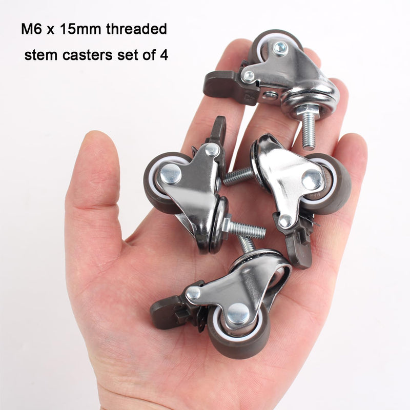 [Australia - AusPower] - 1 Inch Caster Wheels with M6 Threaded Stem, Small Swivel Stem Casters Set of 4 with Brakes, TPE Rubber Rolling 15 mm Screw Wheels for Furniture Tiny Shopping Cart Wire Shelving 1 Inch 