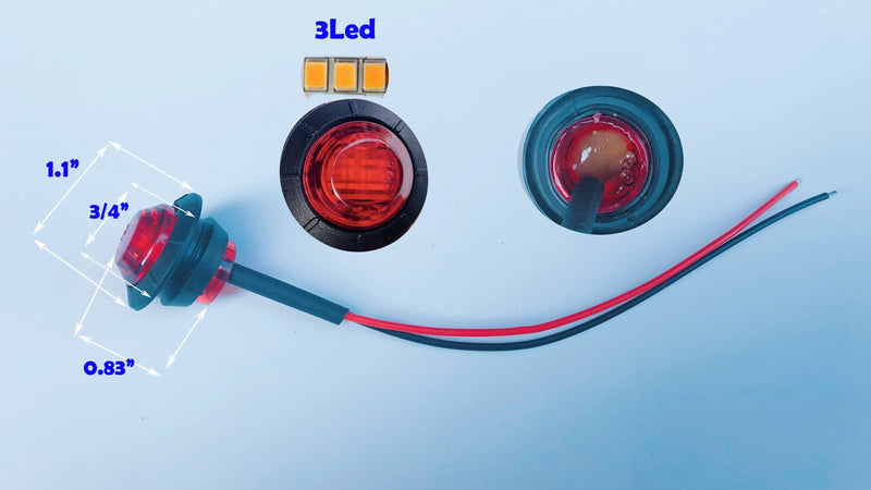 50pcs 3/4 side marker lights Red Clearance Lamp Small Round Amber LED Side Marker Indicator Turn Signal Light Truck Trailer Bus Marine RV Automobiles Flatbed with heat shrink butt connectors 50pcs