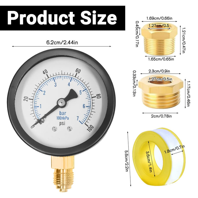 [Australia - AusPower] - Editbar Pressure Gauge 62 mm 0-7 Bar 0~100 Psi, Well Pump Pressure Gauge, Black Dial, 1/4 Inch BSP Nipple Copper Adapter with 1/2 Inch BSP and 3/8 Inch BSP Brass Socket Adapter and Teflon Strap 