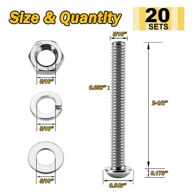 [Australia - AusPower] - (20Sets) 5/16 Bolts, 5/16-18 x 2-1/2" Button Head Socket Cap Nuts and Bolts, 5/16 Bolt 304 Stainless Steel Bolts and Nuts, Coarse Thread Metric Bolt Assortment Allen Screws Furniture Bolts by Mywish (Silver) 5/16-18" 2-1/2" 