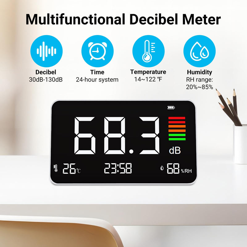 [Australia - AusPower] - 5-in-1 Decibel Meter,Digital Sound Level Meter 30-130db with LCD Display,8.5inch Noise Time Temperature Humidity Meter for Classroom, Studio, Home, Factory 