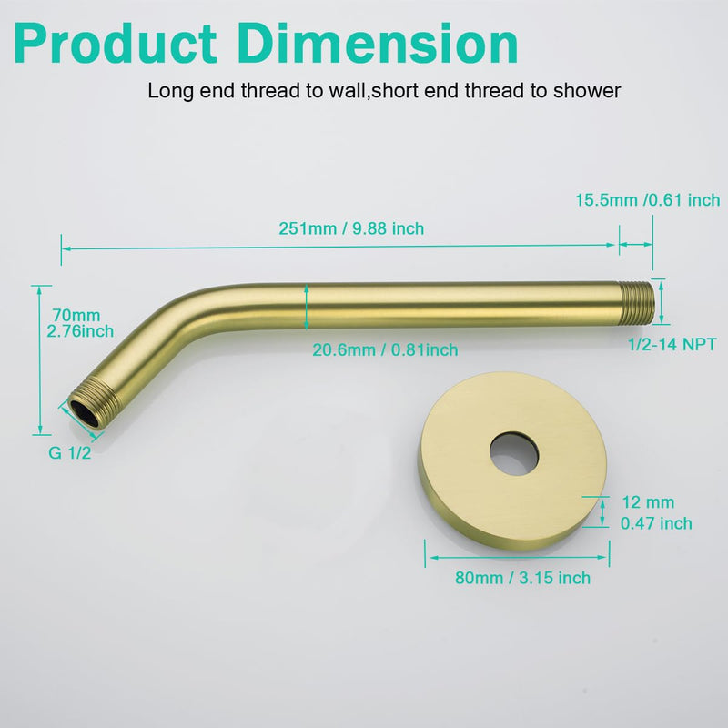 10 Inch Shower Arm with Large Flange,Brushed Gold Wall-Mounted Stainless Steel Shower Pipe Replacement for Fixed and Handheld Shower Heads,SE-RD91018-10BG Round Flange-10″Brushed Gold