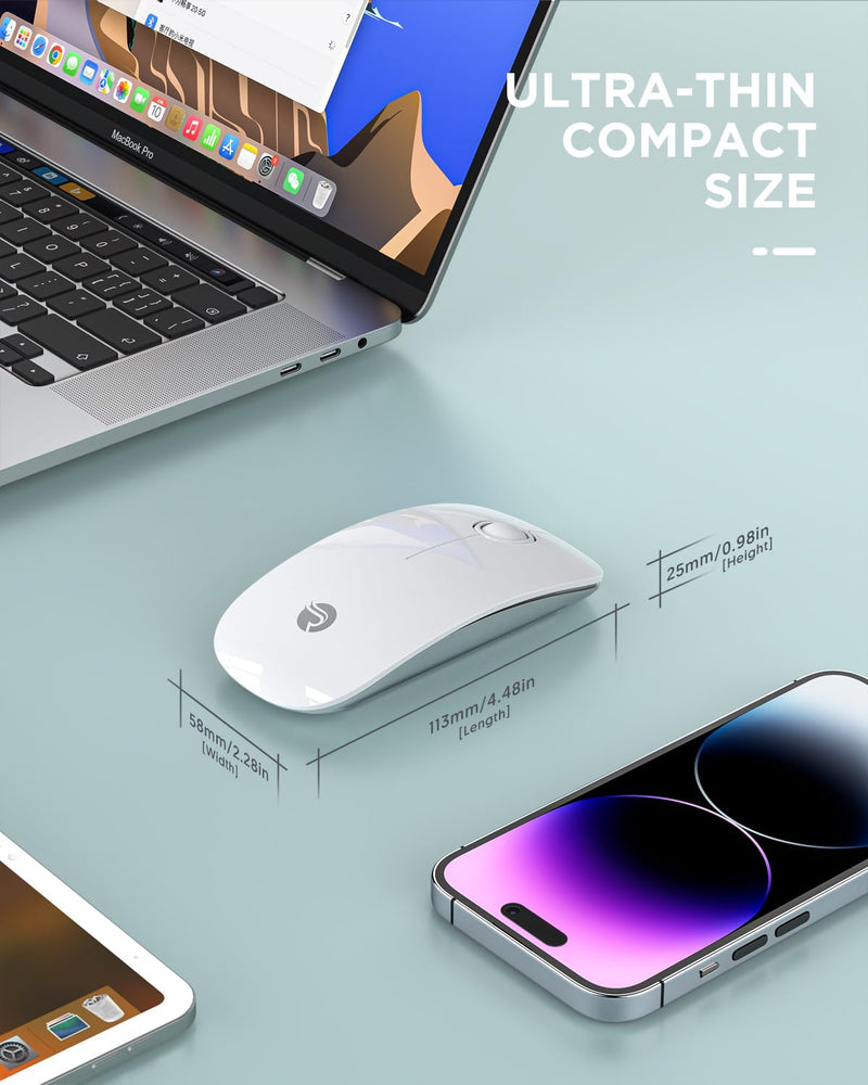 [Australia - AusPower] - Bluetooth Wireless Mouse - (BT5.1+USB) Slim Dual Mode Computer Mice with Quiet Click, Low Power, and 1600 DPI, Portable Cordless for MacBook, Laptop, iPad Pro/Air, Chromebook (White) White 