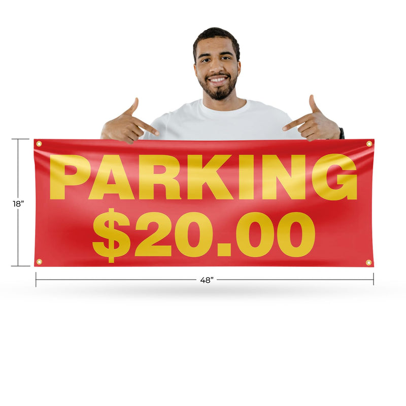 Parking $20 Dollars Banner Sign 18 Inch x 48 Inch | 13 oz Vinyl with Metal Grommets | Heavy-Duty Single-Sided Outdoor Durable Printed High-Quality Weatherproof | Made in the USA Parking $20 Dollars 18" x 48"