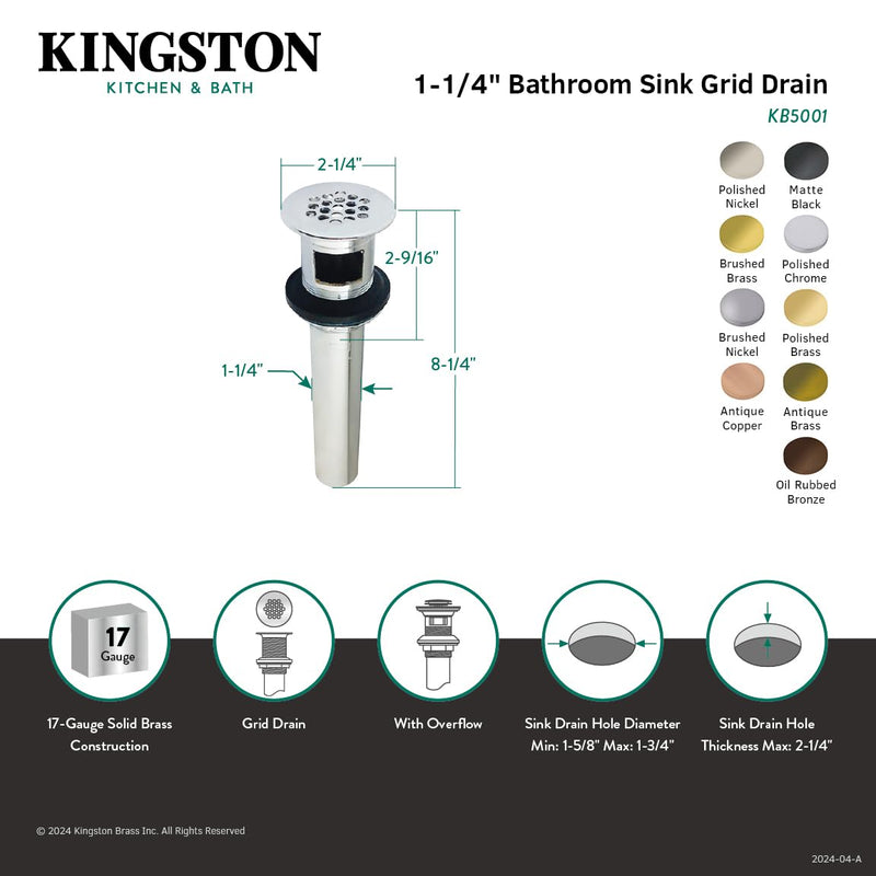 Kingston Brass KB5007 Grid Drain with Overflow, Brushed Brass 8.25 x 2.25 x 2.25