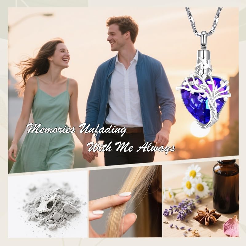 Tree Of Life Heart Urn Necklace For Ashes Cremation Jewelry For Loved Ones Silver-Blue