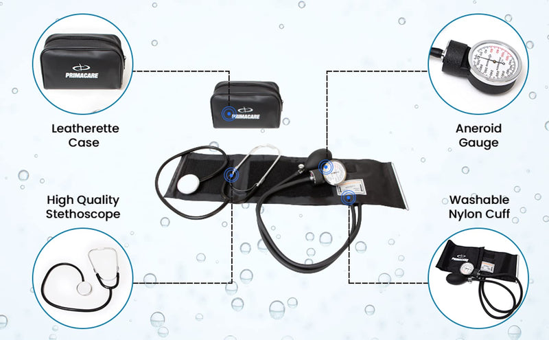 [Australia - AusPower] - PrimaCare DS-9195 Professional Adult Size Classic Series Blood Pressure Kit with D-Ring Cuff, Nylon BP Kit, Aneroid Sphygmomanometer with Stethoscope 
