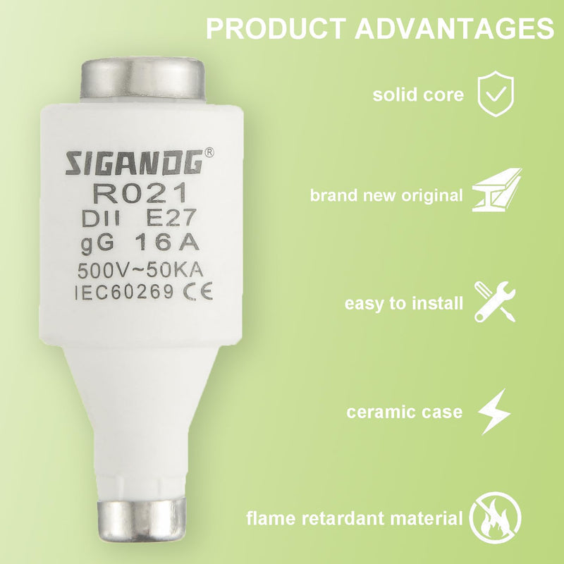 16A DII E27 R021 Spiral Ceramic Fuses gG Diazed Fuse Inserts 500VAC for Cable and Line Protection (Pack of 10) 16A