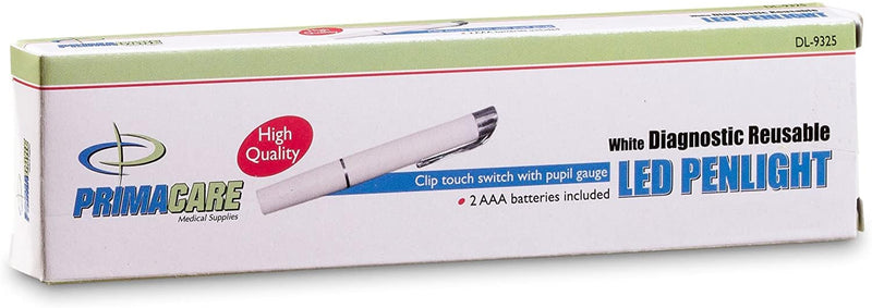 [Australia - AusPower] - Primacare DL-9325 LED Diagnostic Penlight with Imprinted Pupil Gauge, Reusable and Lightweight Medical Pen Light for Nurse, Student, Doctors EMT, Batteries Included, White 