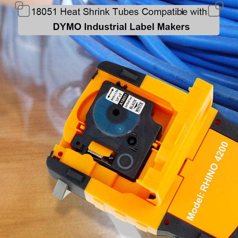 Compatible Industrial Heat Shrink Tube Labels Replacement for DYMO 18051, 1/4” Tube for DYMO Rhino 5200 4200 5000 6000 Label Maker (Black on White, 1/4" x 4.9')，10-Pack 1/4 Inch