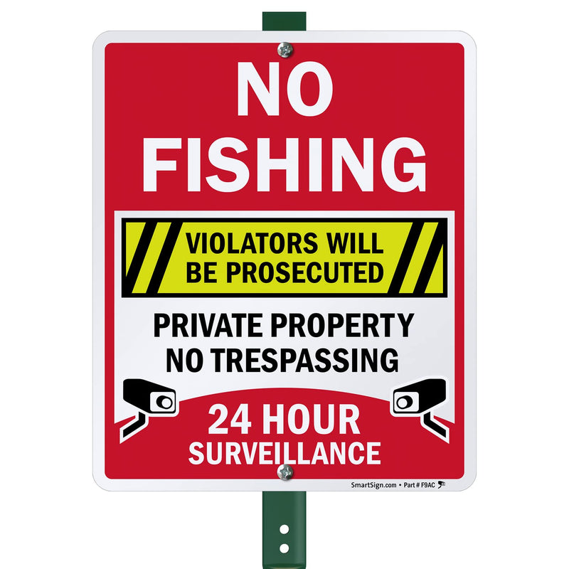 SmartSign 12" x 10" 'No Fishing Violators Prosecuted, Private Property, No Trespassing' Yard Sign with 3 ft Stake, 40 mil Aluminum 3M Laminated Engineer Grade Reflective, Set of 1 Reflective Aluminum Sign with 3' Stake