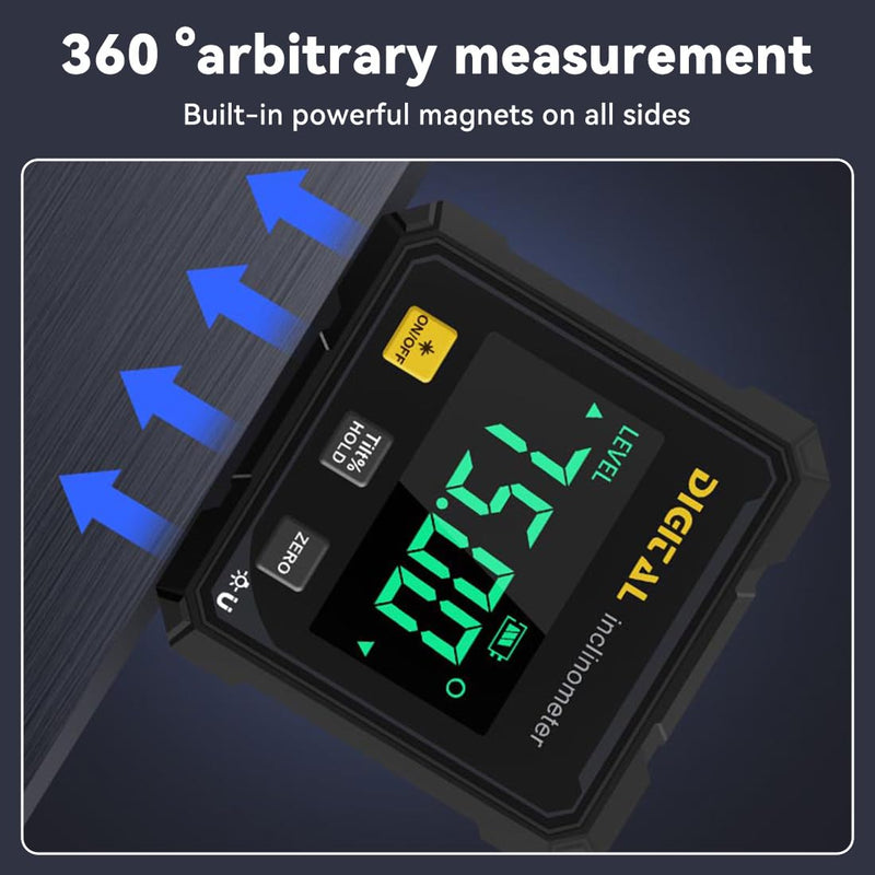 [Australia - AusPower] - 4-Side Magnetic Digital Angle Gauge, Cube Inclinometer with Backlight, Rechargeable Digital Angle Finder with LCD Display, Table Saw Miter Protractor, Woodworking Measuring Tool 