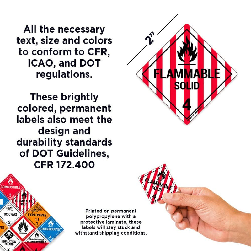 ChromaLabel 2 by 2 Permanent Durable Square D.O.T. Hazard Labels, Hazard Class 4 Flammable Solid Label, 100/Roll 2" x 2"