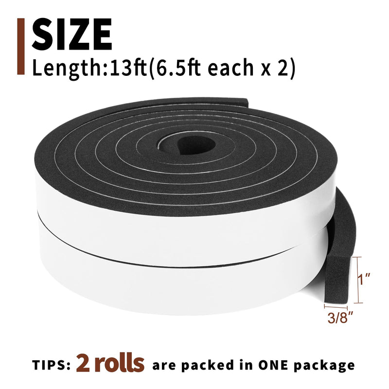Yotache Foam Insulation Tape 2 Rolls 1" x3/8", High Density Foam with Adhesive Tape Self Stick Weather Stripping Thick, Total 13 Feet Long (2 X 6.5 Ft Each) 1"x3/8"x13 FT