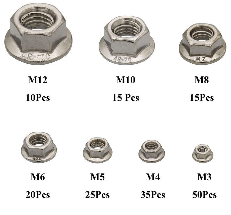 [Australia - AusPower] - 170Pcs M3 M4 M5 M6 M8 M10 M12 304 Stainless Steel Hex Flange Nuts Assortment Kit 